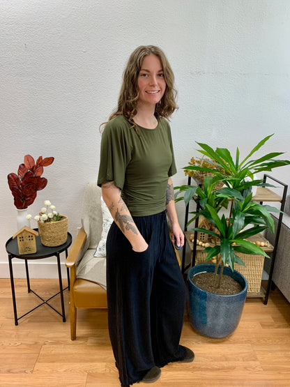 Black Frayed Linen Blend Pants
