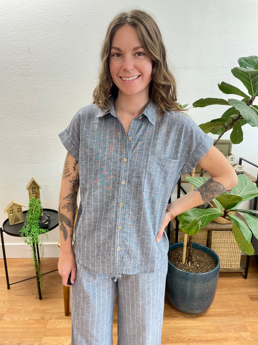 Navy Stripe Linen Button Up