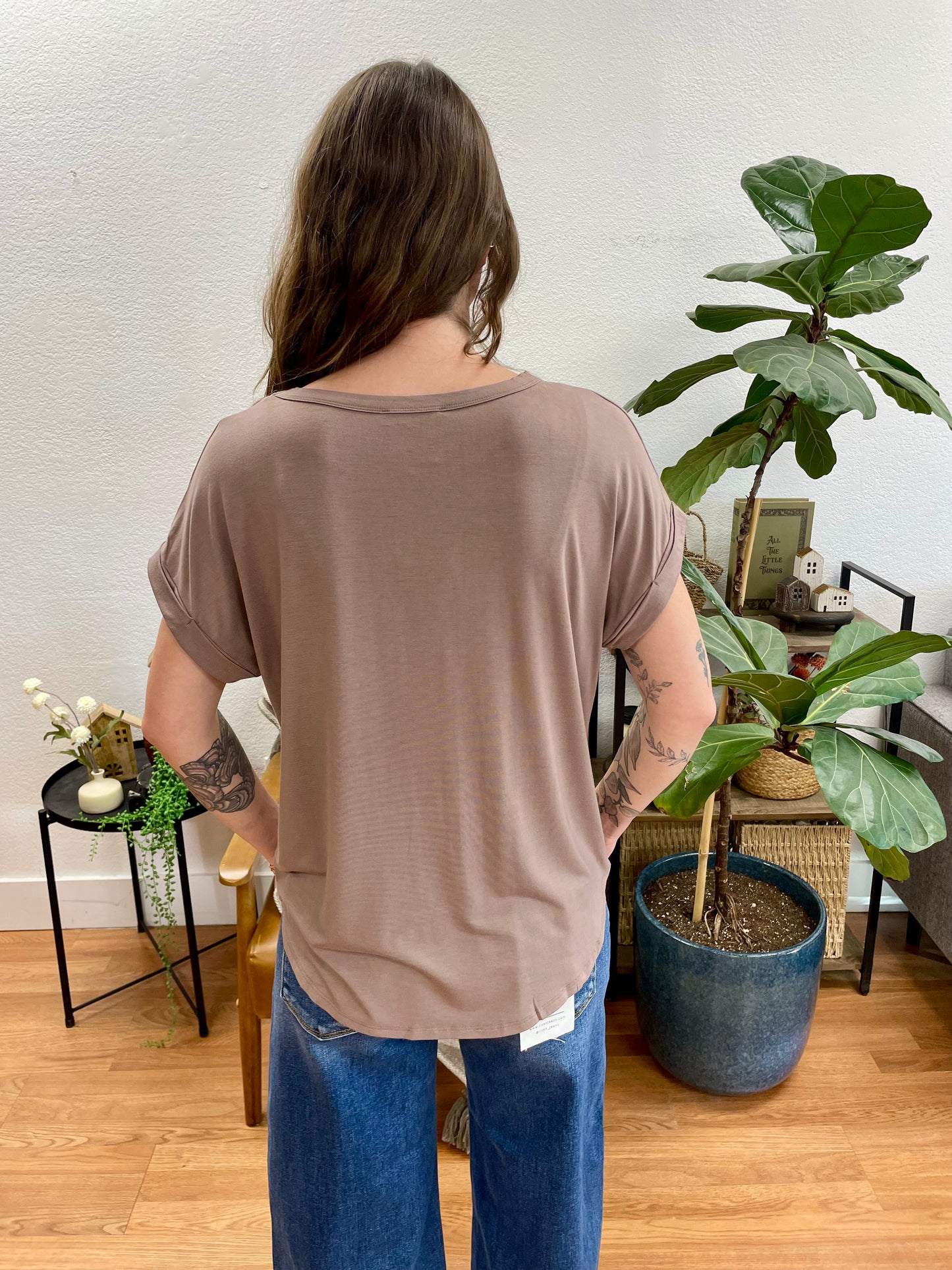 Mocha Crew Neck Rolled Sleeve Top