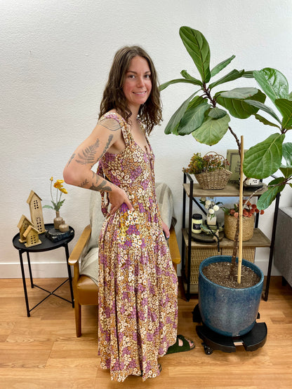 Brown Floral Scoop Neck Maxi Dress