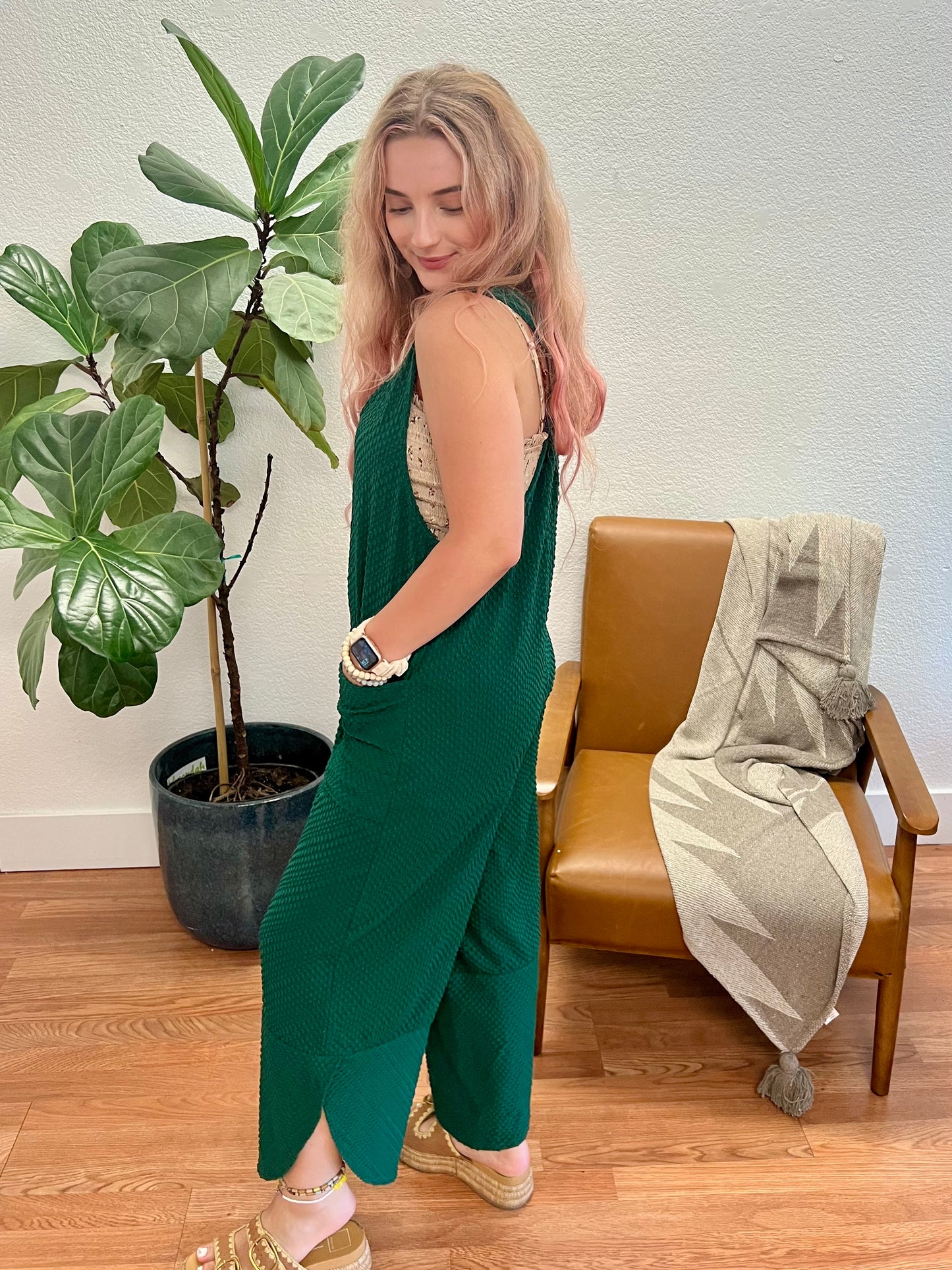 Forest Green Textured Knit Jumpsuit