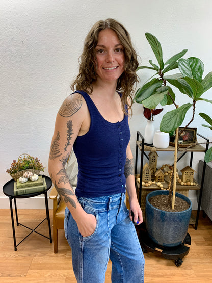 Navy Slub Button Front Tank