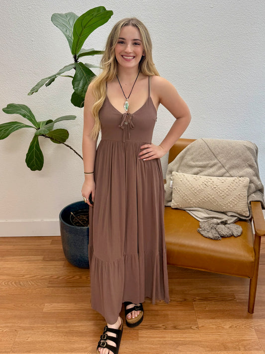 Soft Brown Ruffle Maxi Dress