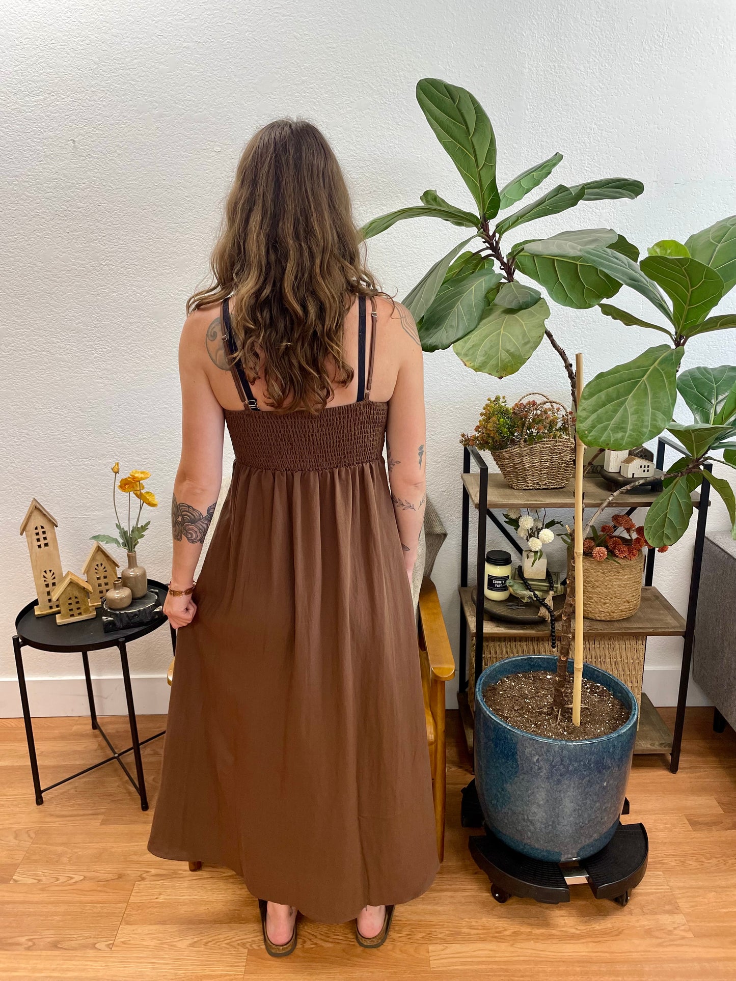 Brown Pintuck Midi Dress