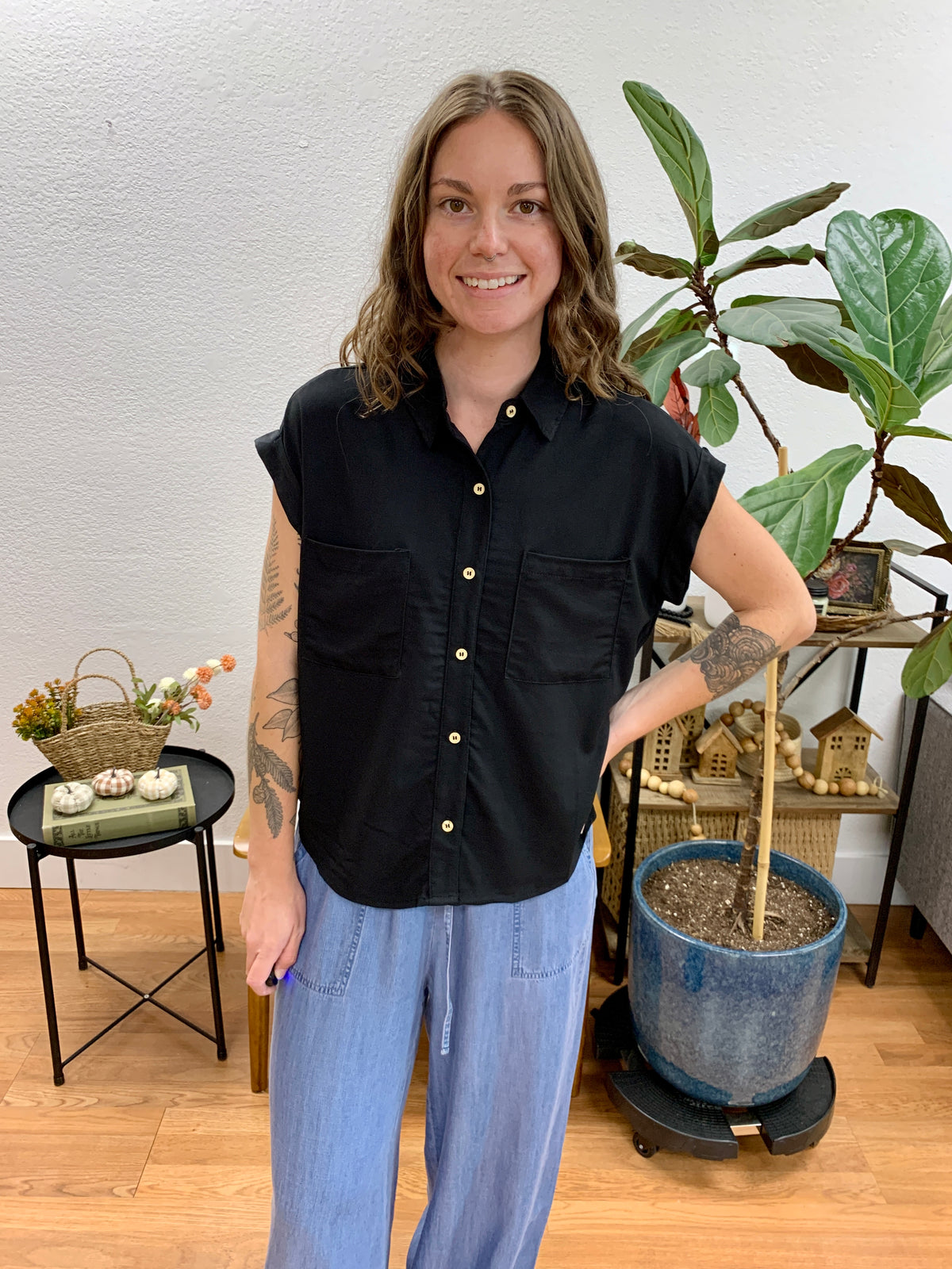 Black Dolman Button Up Blouse