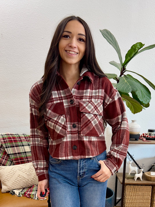 Burgundy Plaid Detachable Hood Jacket