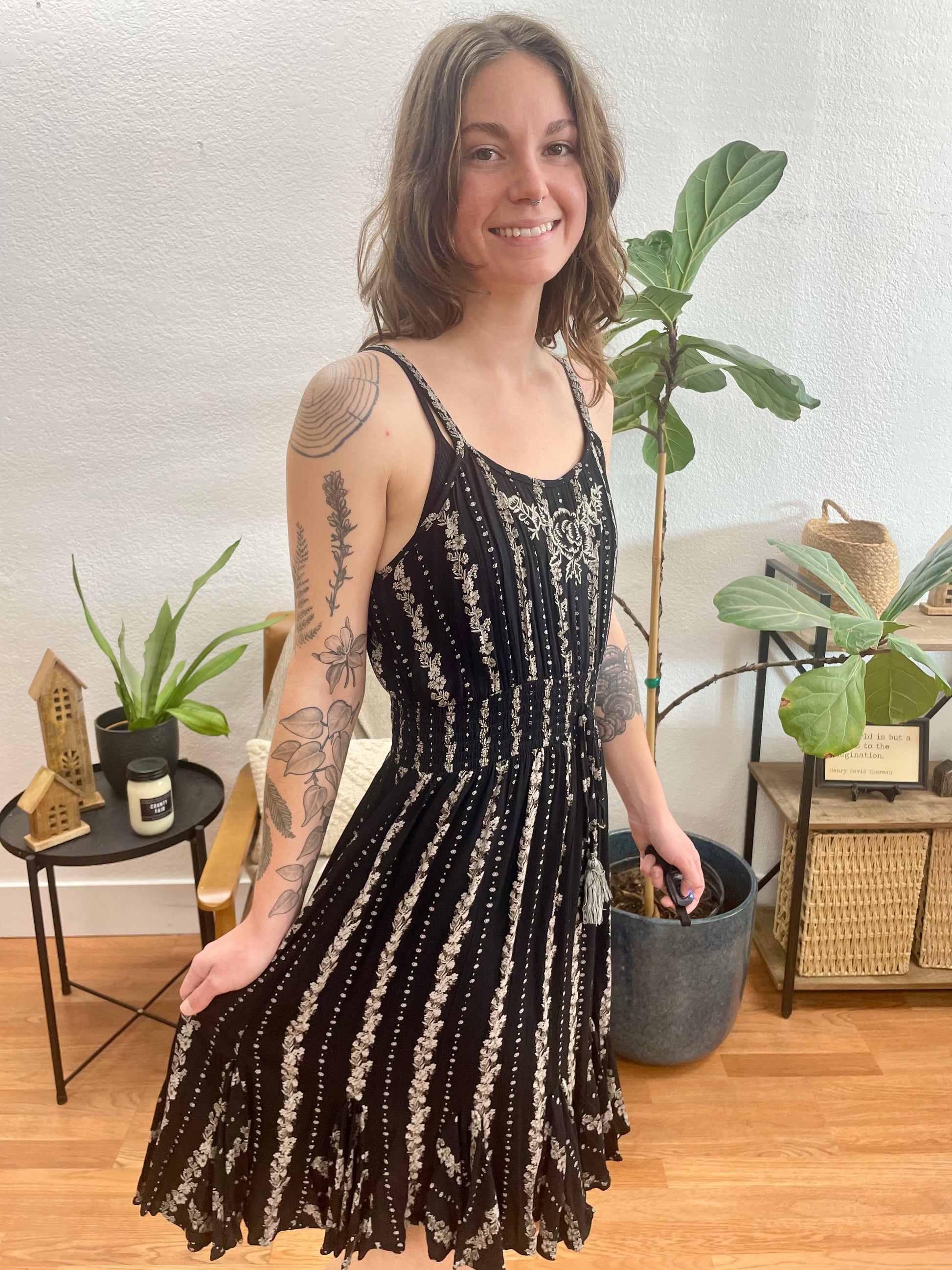 Black Patterned Smocked Waist Dress - Terra Cottage