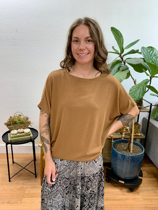 Camel Dolman Sleeve Boat Neck Top