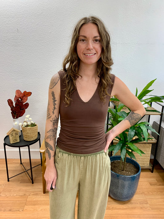 Chocolate V Neck Wide Shoulder Top