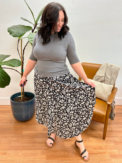 Black/Ivory Print Midi Skirt