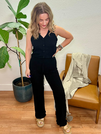 Ribbed Black Drawstring Pants