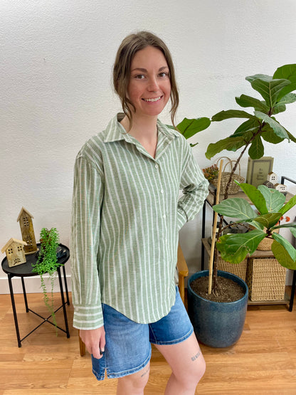 Olive Striped Button Up Blouse