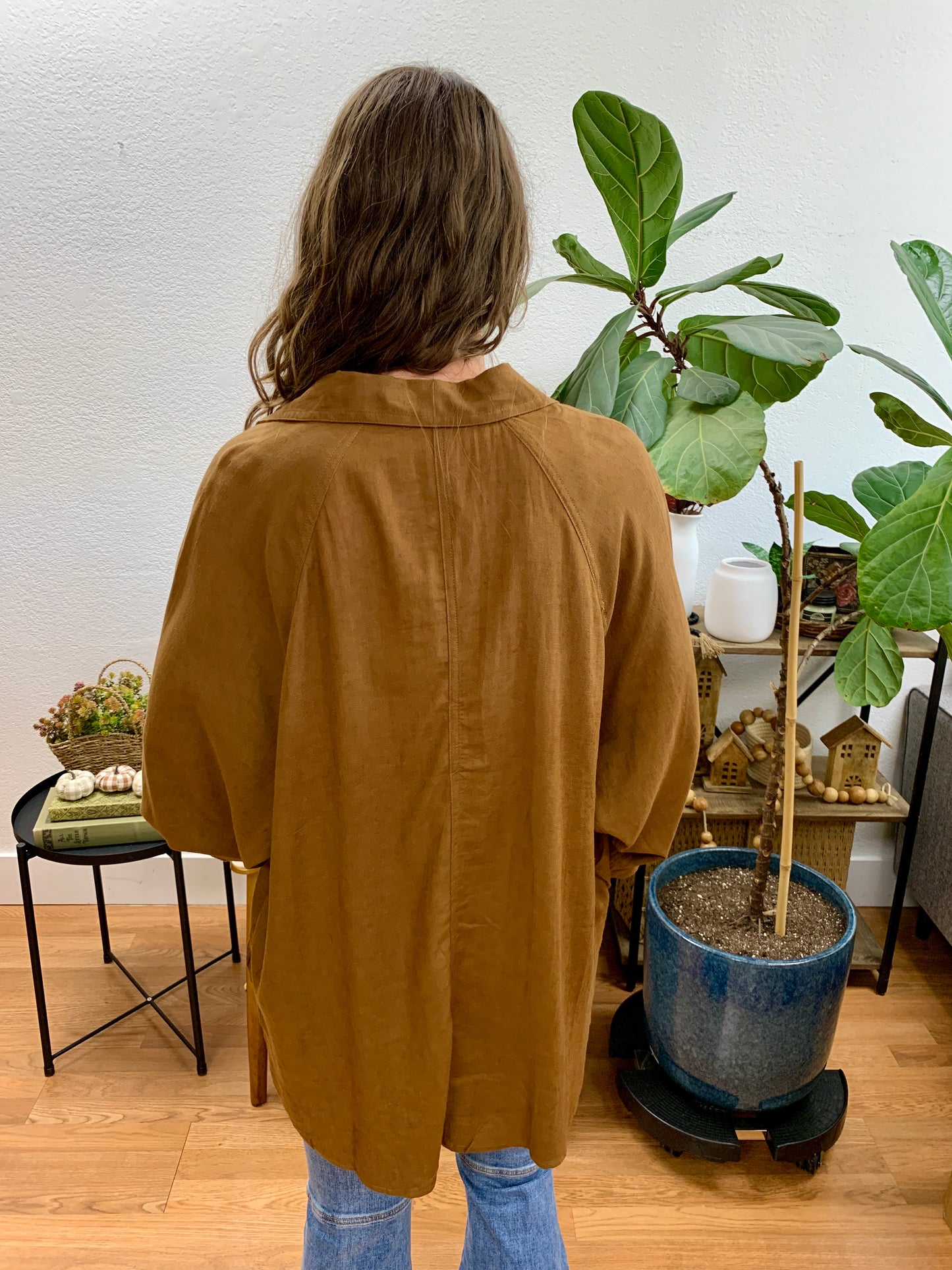 Brown Linen Blend Raglan Button Up