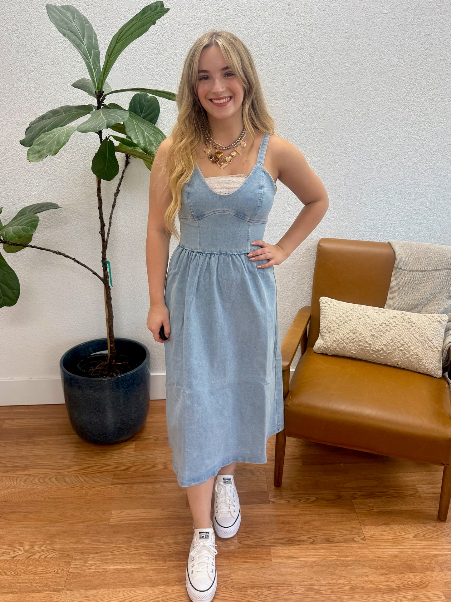 Light Wash Denim Fit & Flare Dress