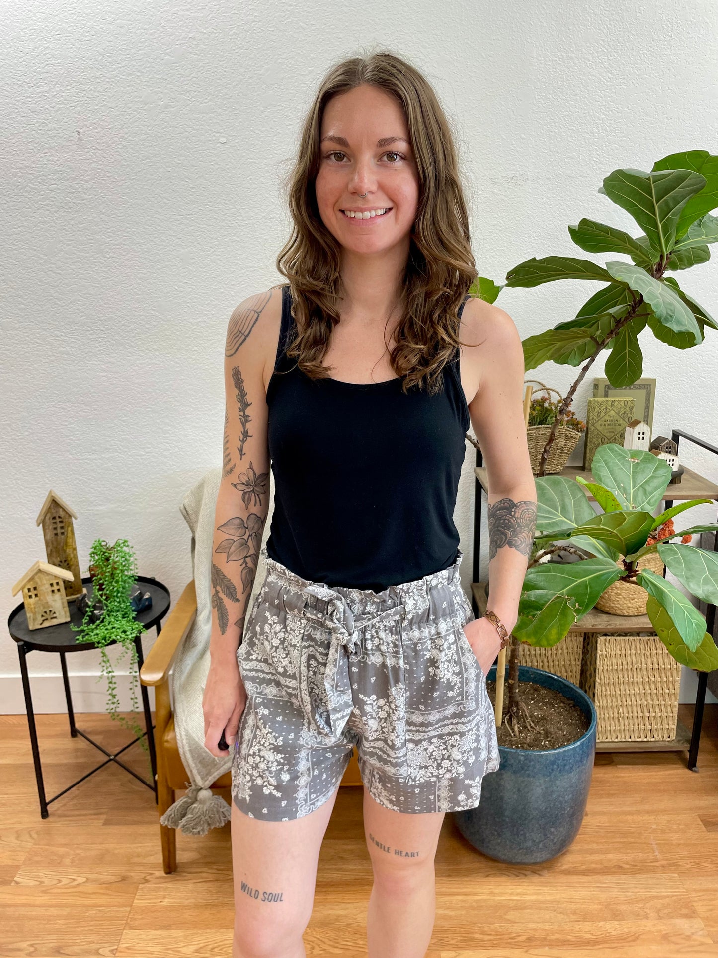 Charcoal Patterned Tie Front Shorts