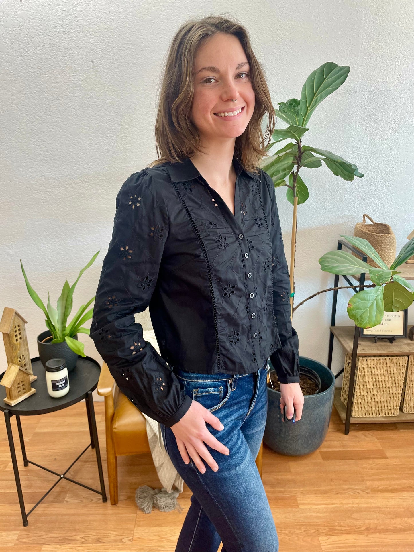Black Embroidered Eyelet Collared Top - Terra Cottage