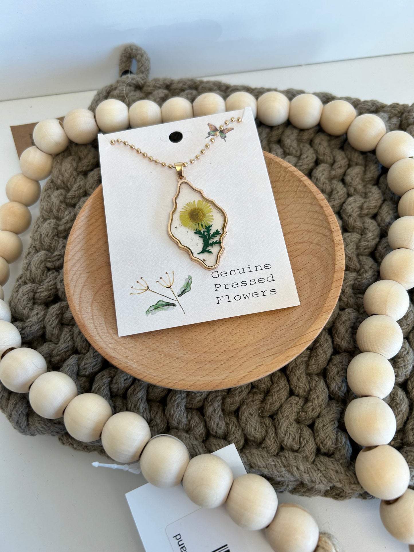 Cottage Floral Yellow Dried Flower Gold Necklace