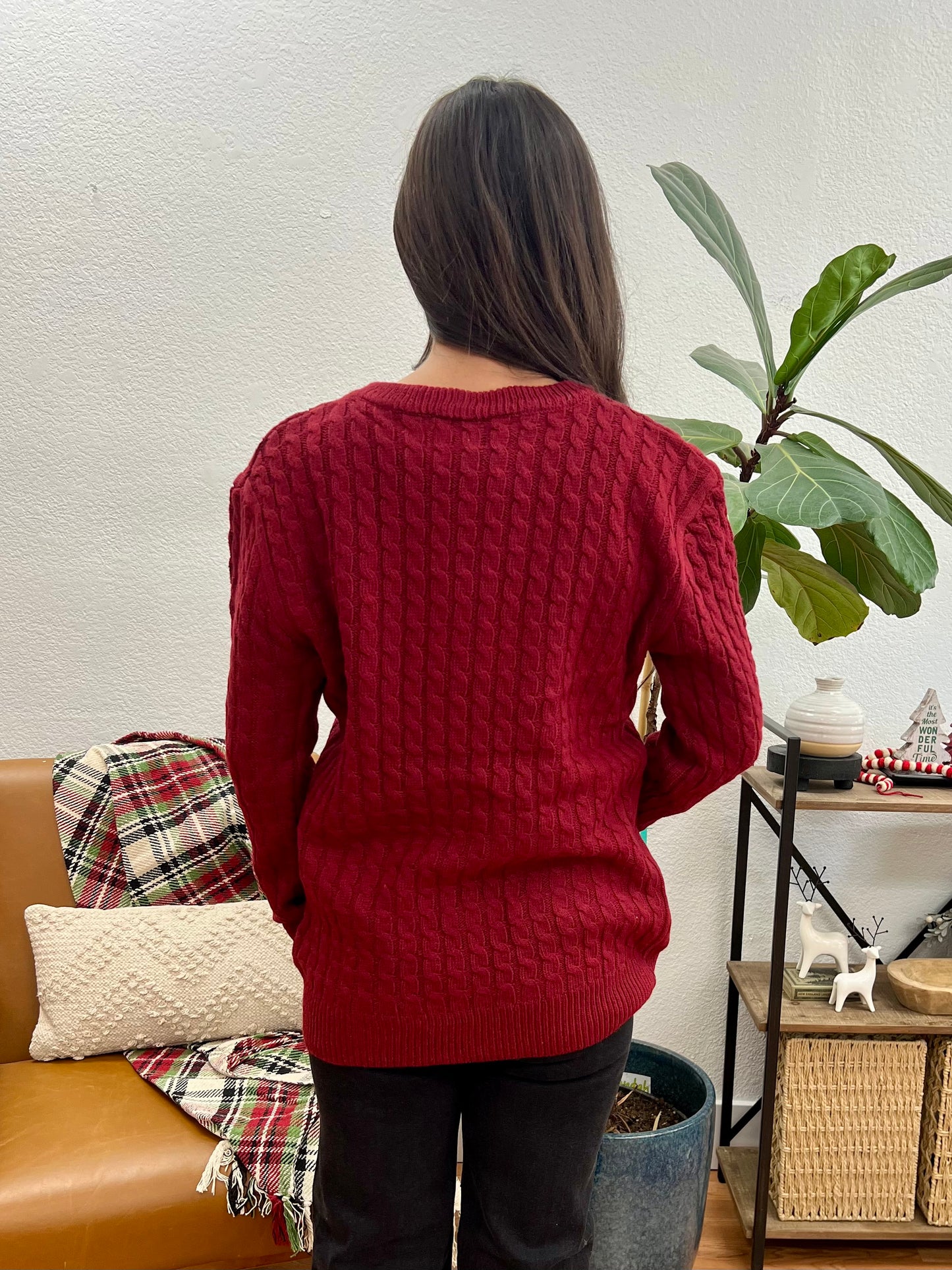 Red Round Neck Cable Knit Sweater