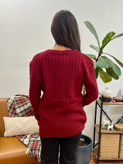 Red Round Neck Cable Knit Sweater