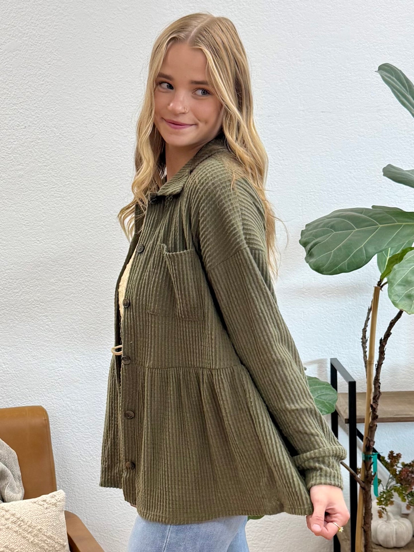 Olive Solid Waffle Shacket