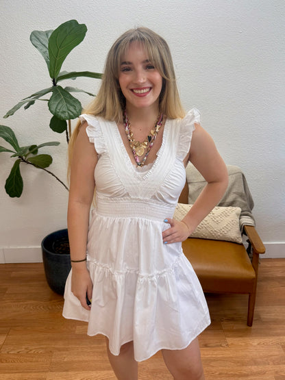 Off White V-Neck Tiered Mini Dress