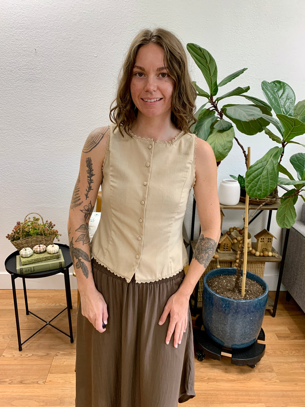 Mocha Lace Trim Vest Top