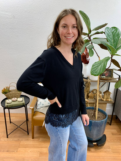 Black Lace Hem Sweater