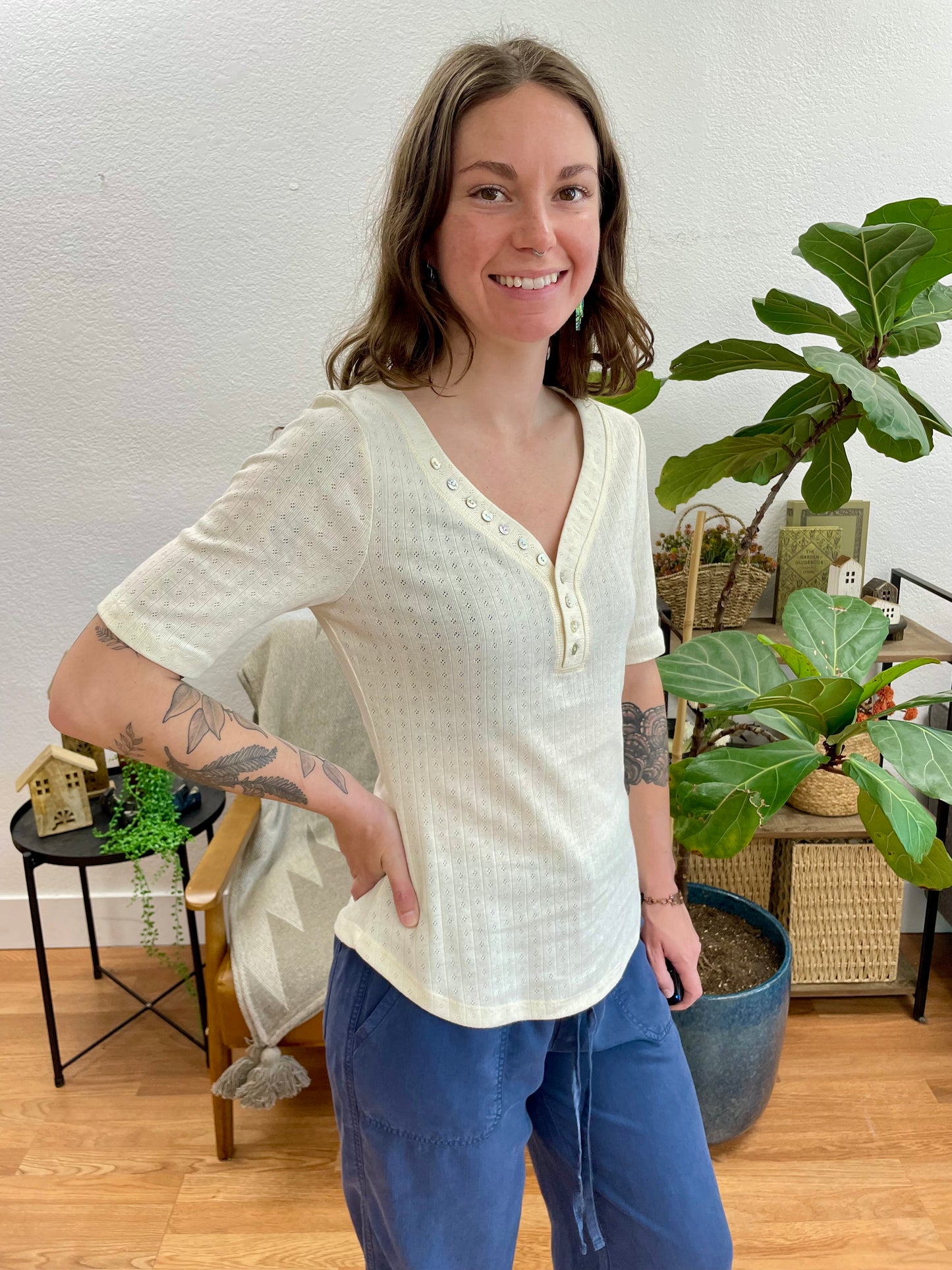 Cream Pointelle Henley Top