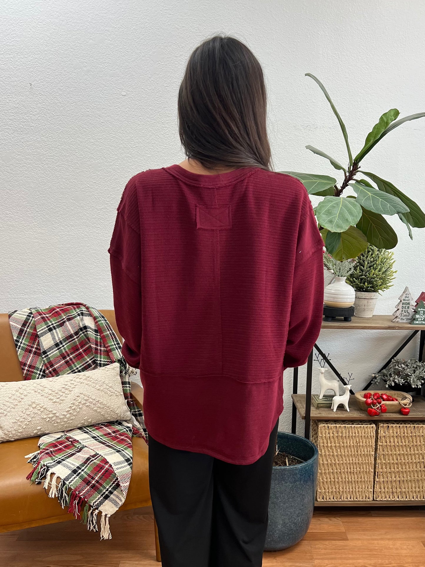 Burgundy Patchwork Split Neck Knit Top