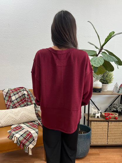 Burgundy Patchwork Split Neck Knit Top
