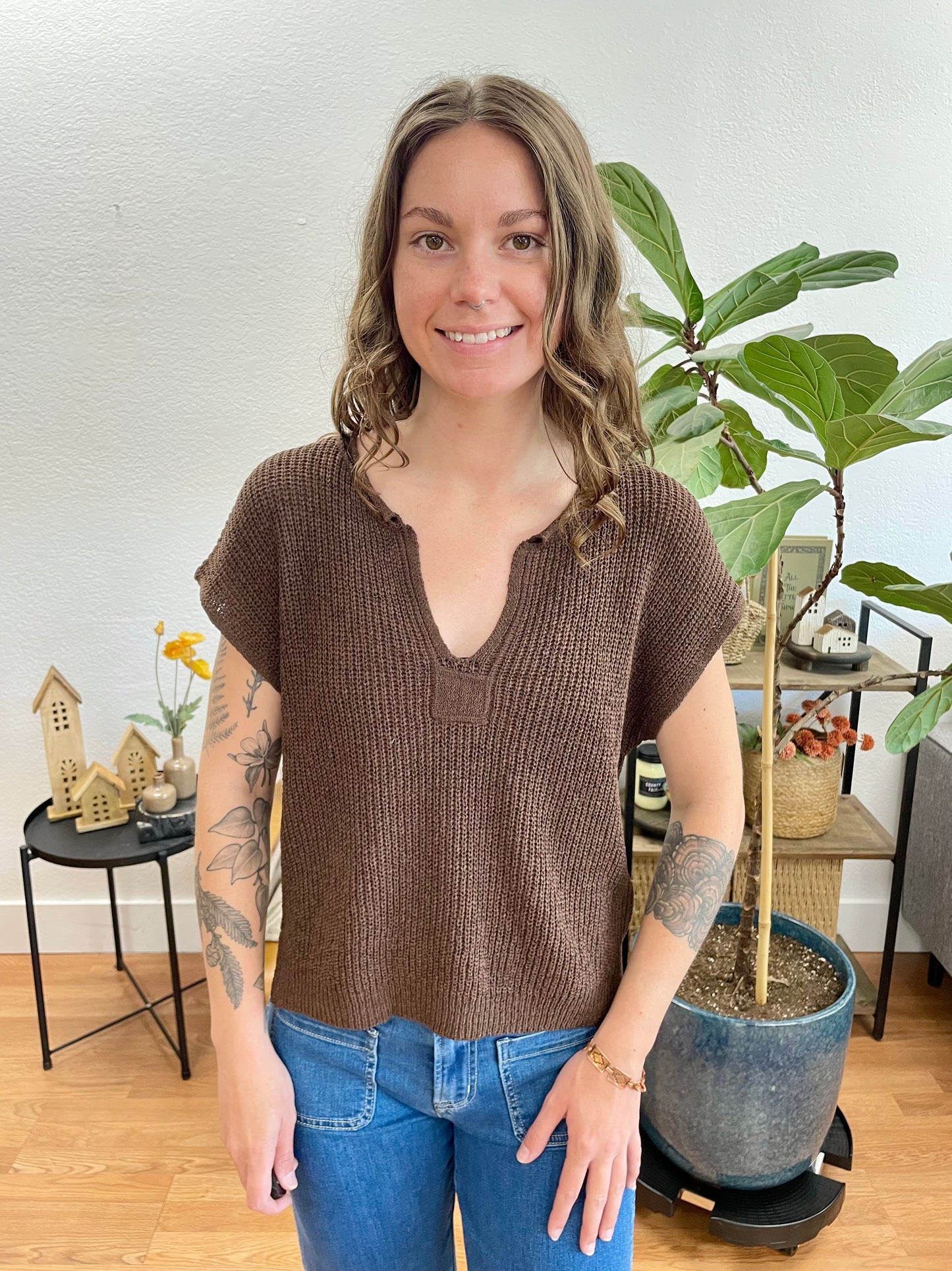 Brown Split Neck Knit Top