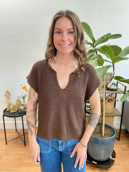 Brown Split Neck Knit Top
