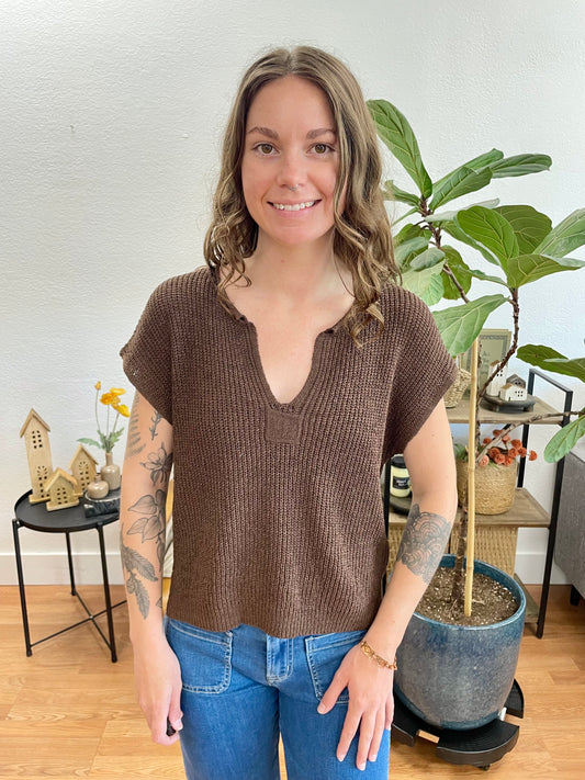 Brown Split Neck Knit Top