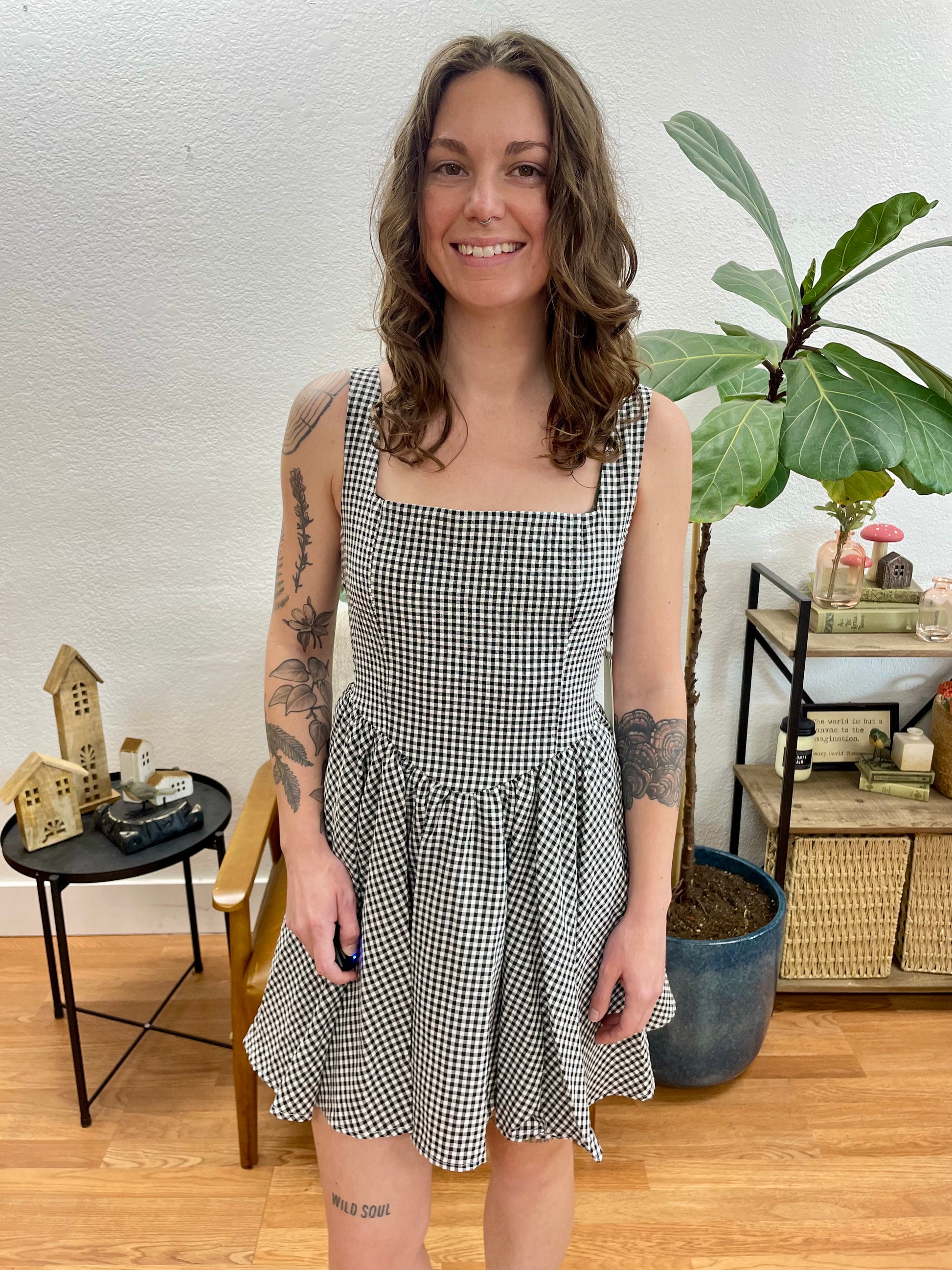 Black Gingham Fitted Mini Dress - Terra Cottage