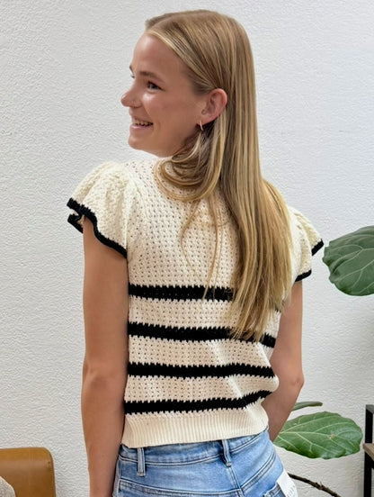 Stripe Short Sleeve Crochet Knit Top