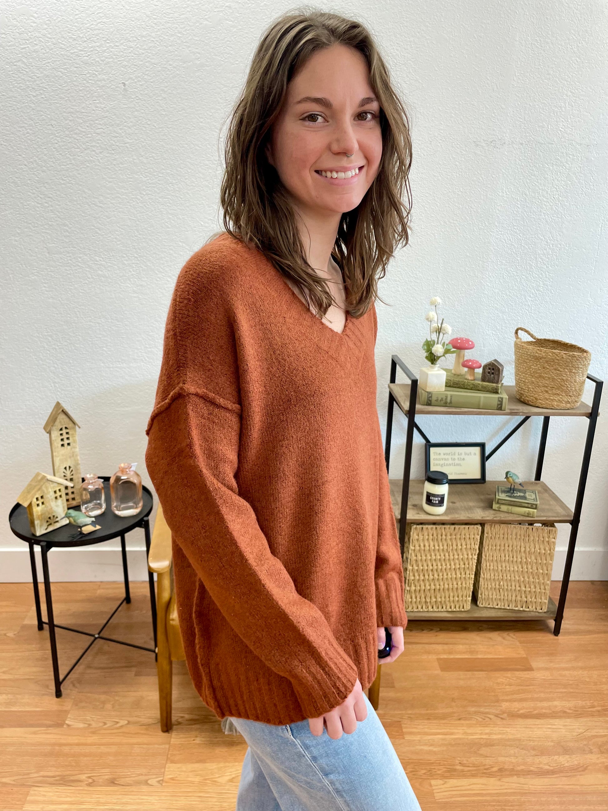 Rust V- Neck Pullover - Terra Cottage