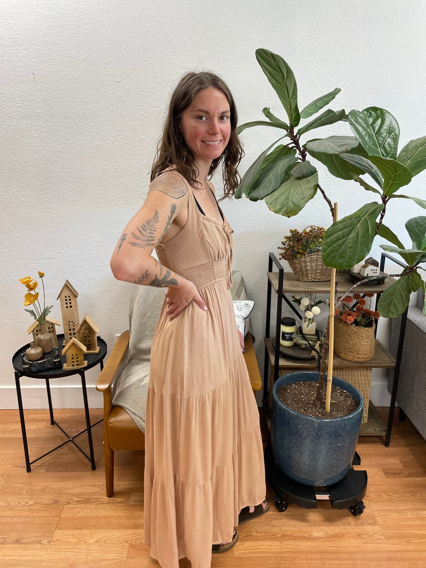 Taupe Tie Front Shirred Maxi Dress