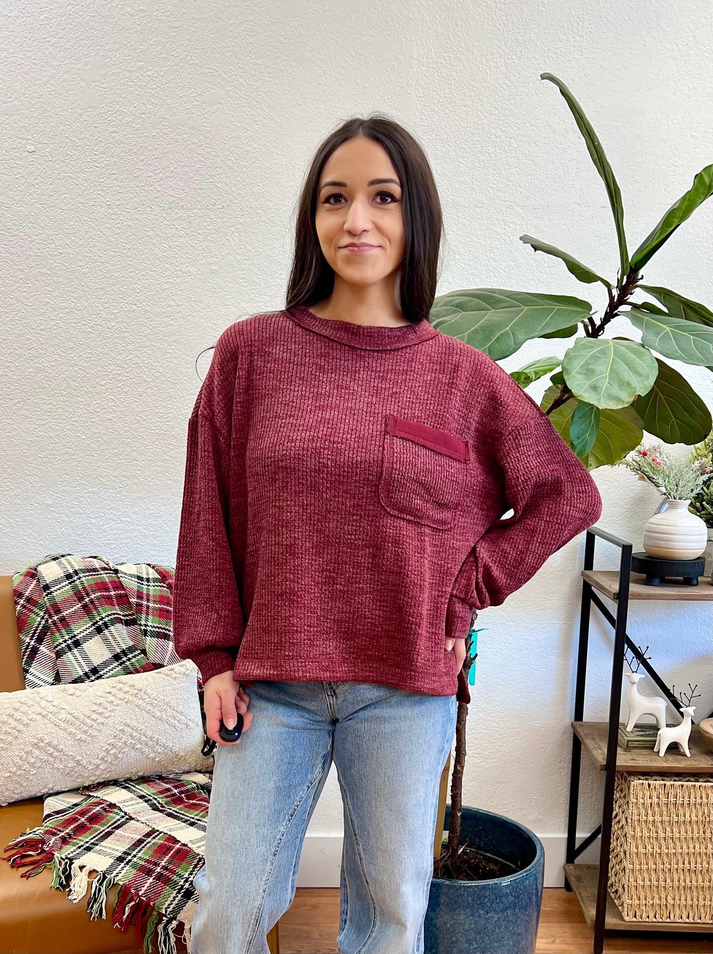 Burgundy Ribbed Pocket Pullover
