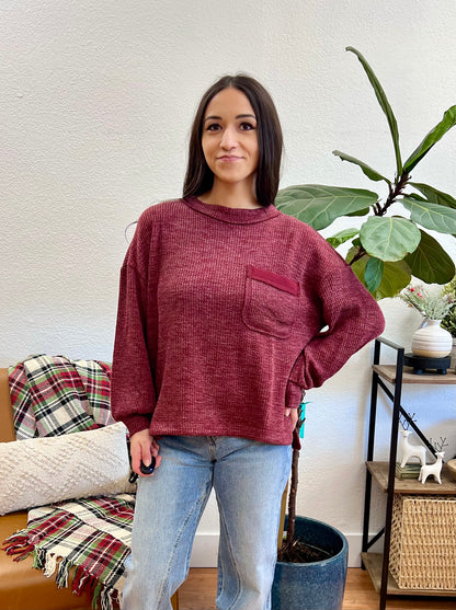 Burgundy Ribbed Pocket Pullover