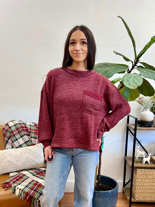 Burgundy Ribbed Pocket Pullover