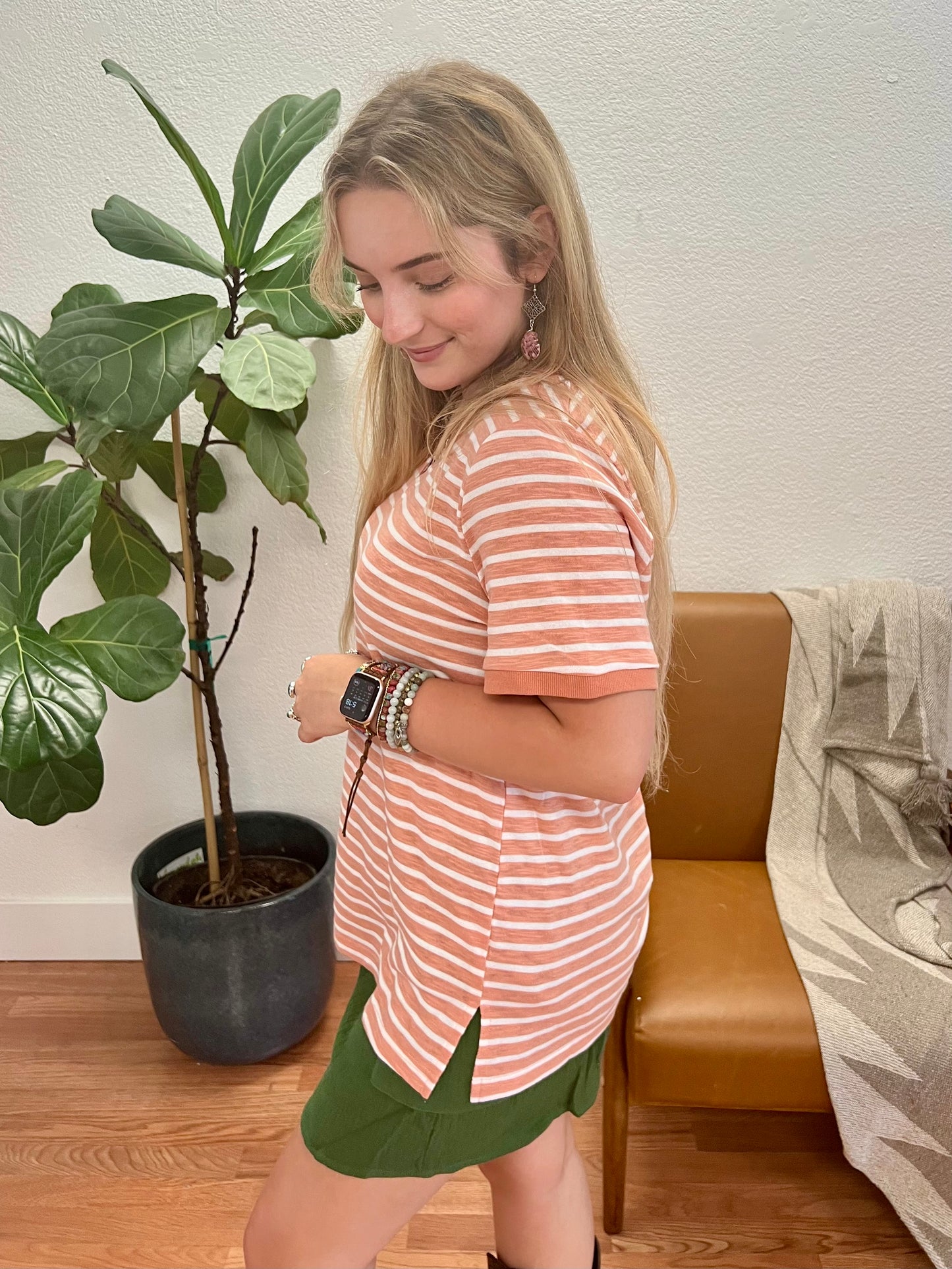 Coral Washed Striped Casual Top