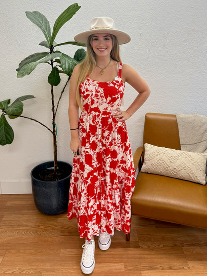 Red Floral Cami Midi Dress