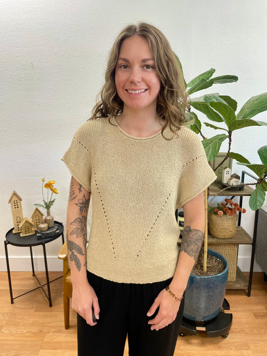 Taupe V Stitch Short Sleeve Sweater