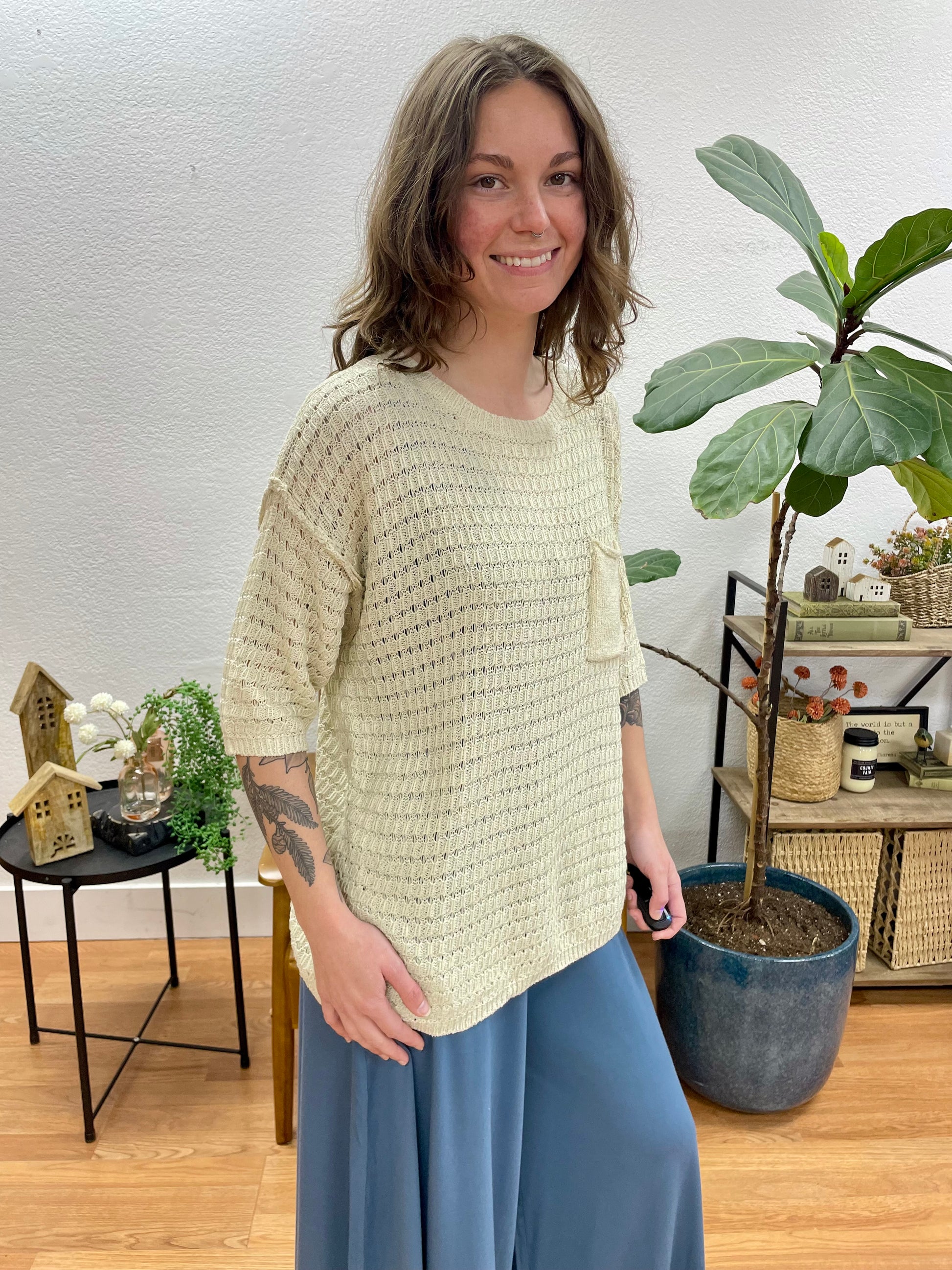 Oatmeal Textured Pocket Knit Top - Terra Cottage