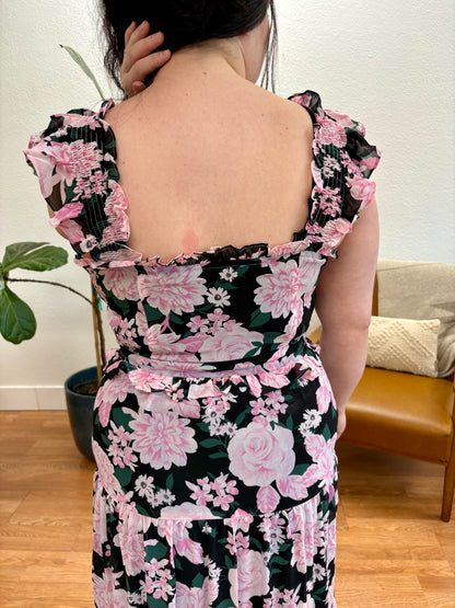 Black Pink Floral Smock Top
