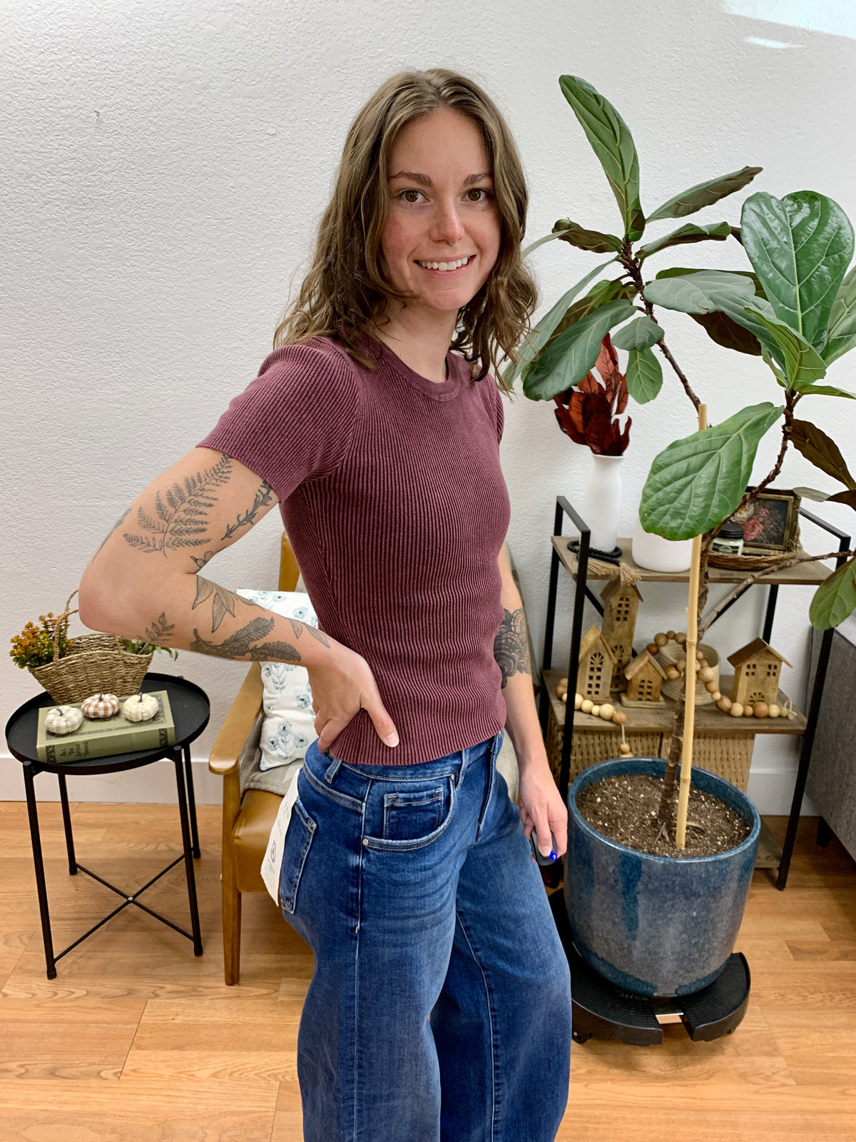 Maroon Washed Ribbed Knit Top