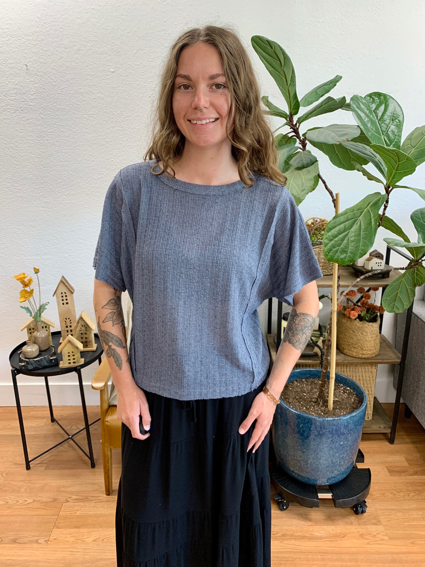 Dusty Blue Dolman Textured Knit Top