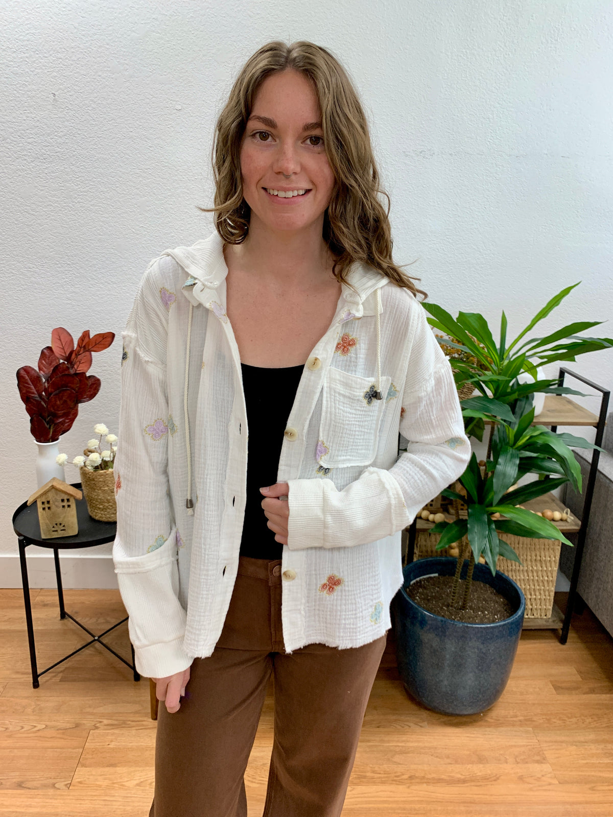 White Embroidered Hoodie Jacket