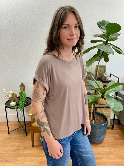 Mocha Crew Neck Rolled Sleeve Top