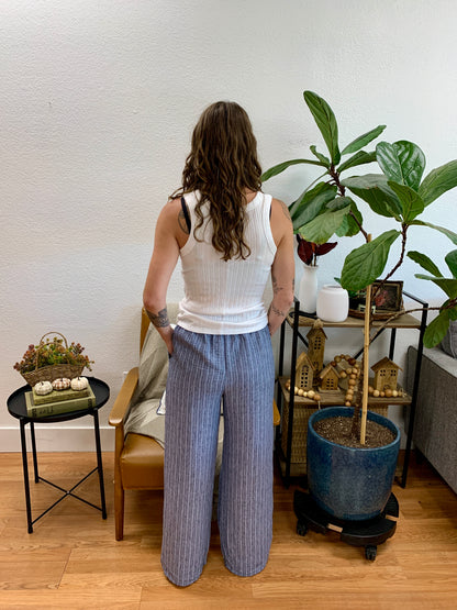 Navy Striped Wide Leg Pants